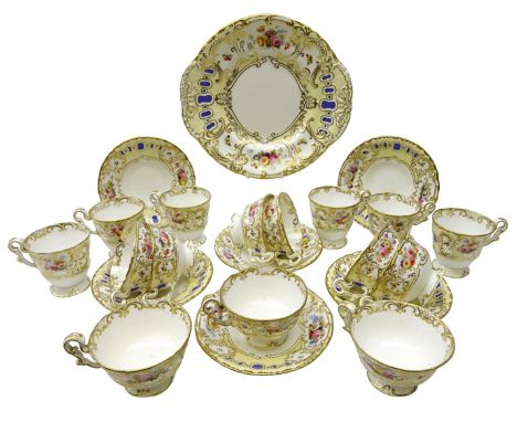 19th century Copeland and Garrett 'Berlin' part tea service, hand painted panels of floral sprays and butterflies, within an 