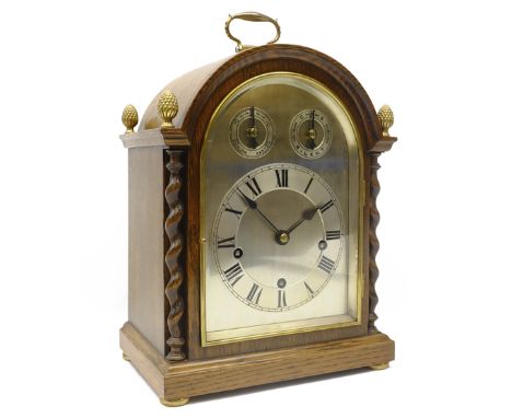 Victorian gilt metal mounted golden oak cased arch top bracket clock, silvered Roman dial with subsidiary Slow/Fast & Chime/S