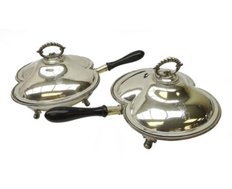 Pair late Victorian silver-plated twin division chafing dishes, by William Hutton & Sons, with beaded borders, scroll and bea