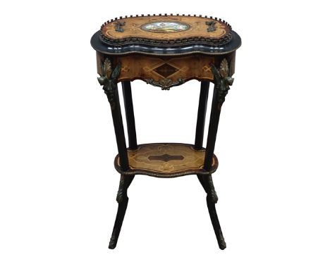 19th century French inlaid walnut and amboyna kidney shaped jardiniere, removable lid with acanthus handles and oval porcelai