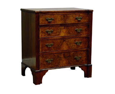 Queen Anne style inverted bow front walnut chest, with cross banded top above four burr veneer drawers enclosed by projecting
