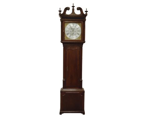 18th century mahogany crossbanded oak long case clock, square brass dial with silvered Roman chapter and subsidiary seconds a