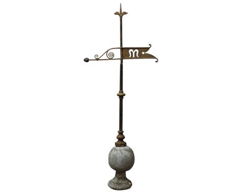Cast iron Weather vane with fleur de lys finial, scrolled pointer pierced with an M, on tapering square column, H161cm   Cond