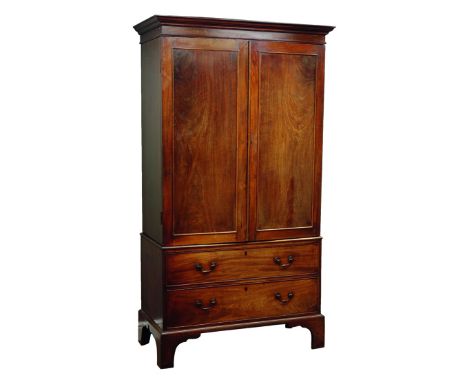 George III mahogany linen press, projecting cornice above two figured doors enclosing hanging space, two long drawers below, 