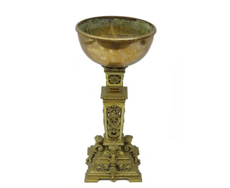 19th century cast and gilt brass oil lamp base, square column pierced with ribbon tied floral wreath, the tapering base with 