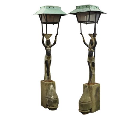 Pair architectural entrance lanterns, black and silver painted cast iron semi-nude Egyptian Goddess holding wrought metal lan