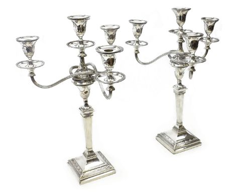 Pair Edwardian Adam style silver three branch candelabra, neo-classical decoration by Harrison Brothers & Howson, Sheffield 1