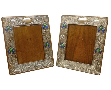 Pair of Art Nouveau silver and enamel on oak freestanding photograph frames by A & J Zimmerman Ltd Birmingham 1902/3, H29.5cm