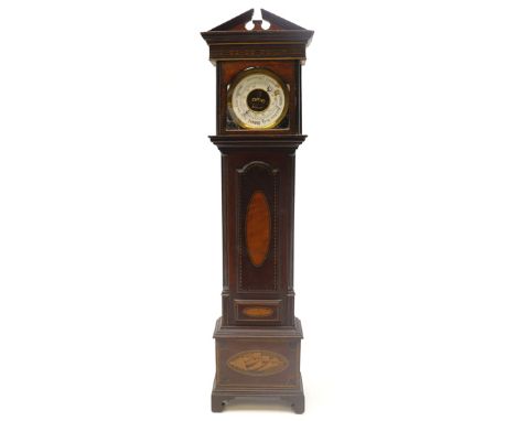 Edwardian aneroid barometer in inlaid mahogany miniature longcase clock case, with arched pediment, decorated with shells, ov