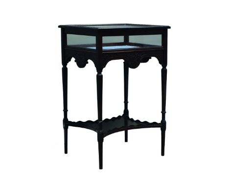 Edwardian Chippendale Revival ebonised bijouterie cabinet, blind fret decorated hinged glazed top on slender square supports 