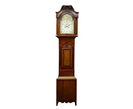 Early 19th century oak and mahogany Kirbymoorside longcase clock, swan neck pediment with brass mounts, stepped arch glazed d