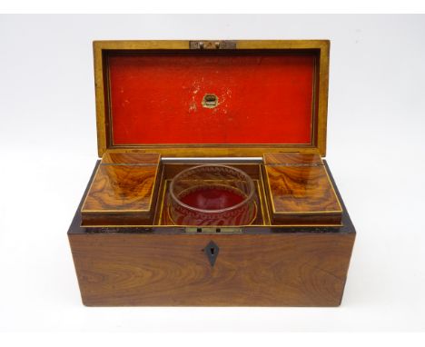 George III walnut tea caddy, the interior fitted with two lift out rosewood caddies & etched glass slop bowl, L30cm x H15cm  