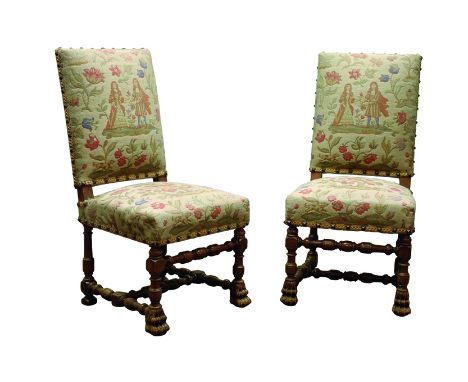 Pair Victorian walnut framed hall chairs, with brass nailed upholstered needlework back and seats, turned supports with bobbi