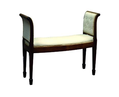 Hepplewhite style mahogany bow front window seat, reeded scroll arms on square supports with spade feet, W85cm, H73cm, D31cm 