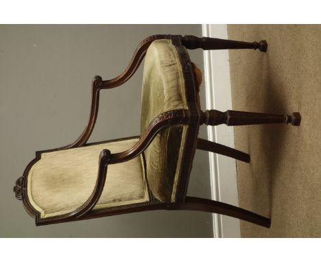 Late 19th century open armchair, step arched top rail with ribbon tied cresting, beaded acanthus carved down swept arms, flut