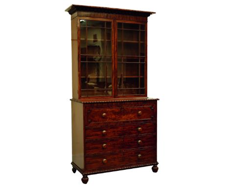 Regency mahogany secretaire bookcase, quarter bobbin turned cornice above astragal glazed doors, projecting base, fitted secr