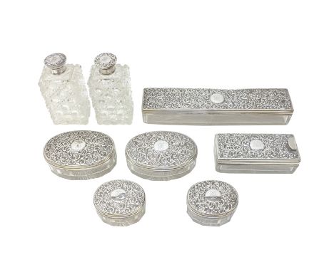 Victorian cut glass and silver vanity set by George Brace, London 1872, includes oblong box with screw lock retailed Samuel F