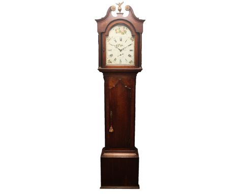 Early 19th century oak longcase clock, swan neck pediment with eagle finial, fluted column pilasters, pointed broken arch tru