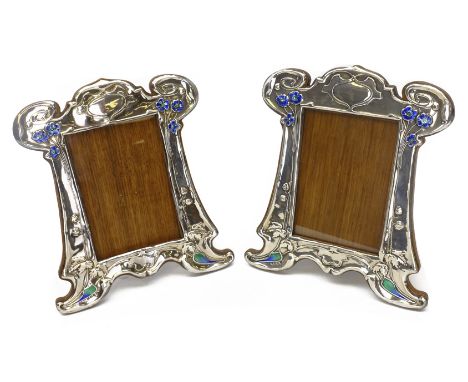 Pair of Art Nouveau silver and enamel on oak photograph frames by Walker & Hall 1906, H22cm   Condition Report   Click here f