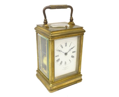 Late 19th century brass carriage clock, corniche case with white enamel Roman dial inscribed 'Payne & Co. Paris, 163 New Bond