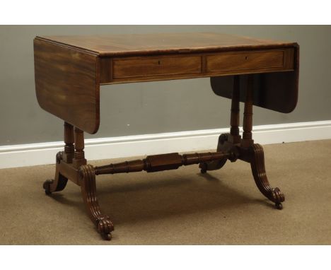 William IV mahogany sofa table, rectangular drop leaf top with rounded corners above two frieze drawers, four pillar base on 