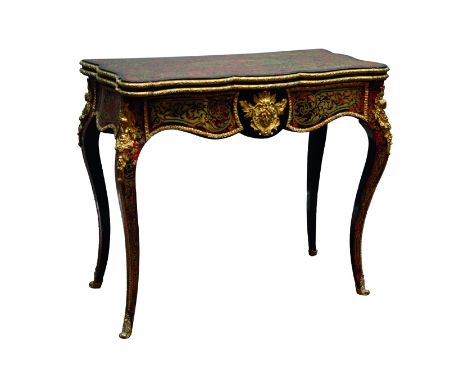 Mid 19th century French ebonised and red boulle card table, baise lined swivel fold over serpentine top with scrolling pierce