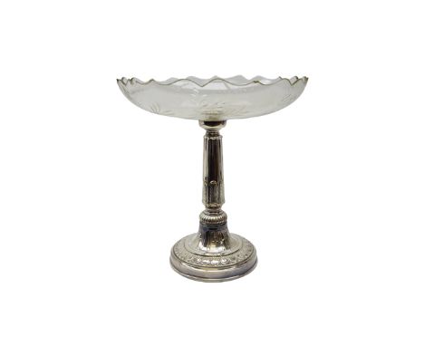 Early 20th century cut glass and silver-plated tazza, tapered fluted column with acanthus leaf casting & gadrooned border wit