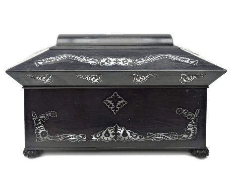 Victorian ebony veneer tea caddy of sarcophagus form, with mother-of-pearl inlay, the interior having two lift out caddies an