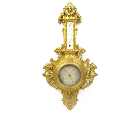 Unusual 19th century cast gilt metal cased wheel Barometre Holosterique, silvered dial marked HBNP, white enamel Centigrade T