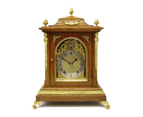 Victorian gilt metal mounted Golden oak pagoda top bracket clock, silvered arched Roman dial with subsidiary Slow'Fast dial, 