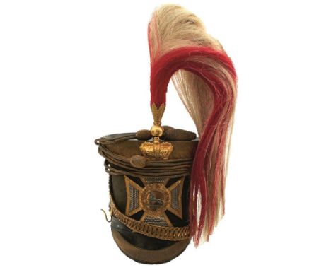 A 3RD LIGHT DRAGOONS OFFICER'S SHAKO, the cloth covered body with patent leather top and peak, the former with bullion oak le