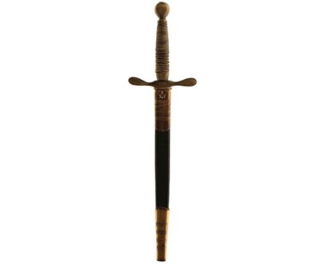 A 19TH CENTURY MASONIC DAGGER, 22cm flattened diamond section blade, characteristic brass hilt, the crossguard applied with a