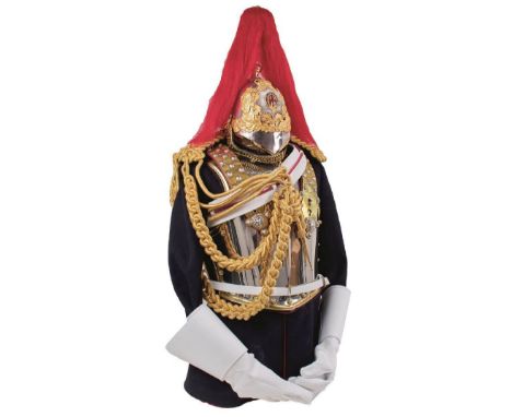 A BLUES AND ROYALS OFFICER'S HELMET AND UNIFORM ENSEMBLE, comprising EIIR helmet, the white metal skull with gilt crowned oak
