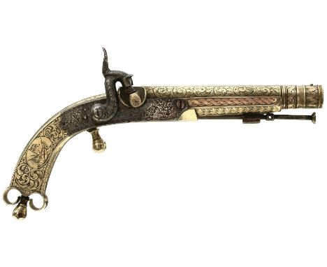 A 50-BORE PERCUSSION SCOTTISH NICKEL BELT PISTOL BY MURDOCH, 6.5inch two-stage barrel with ringturned muzzle, profusely decor