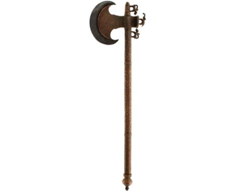 A 19TH CENTURY INDIAN TABAR OR AXE, 12.5cm sharply curving crescent form head, the overlaid copper sides finely chiselled wit