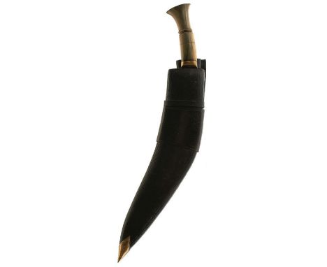 AN INDIAN KUKRI, 36cm sharply curved blade decorated with panels of scrolling foliage to either side of the forte, characteri