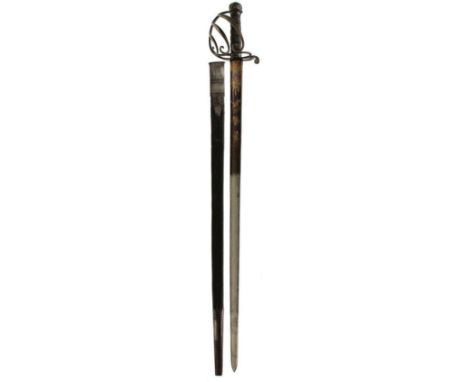 A SCARCE GEORGIAN HORSE GRENADIER OFFICER'S SWORD, circa 1770, 86.5cm blade decorated with stands of arms and crowned GR cyph