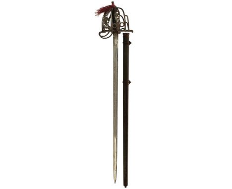 A RARE VICTORIAN THAMES SCOTTISH VOLUNTEERS OFFICER'S BASKET HILTED BROAD SWORD, 81.75cm double fullered blade etched with sc