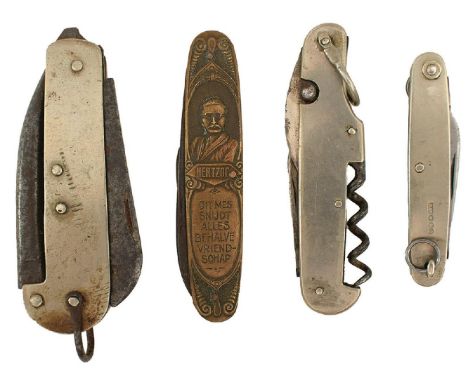 FOUR VARIOUS FOLDING KNIVES, comprising one by Ibberson &amp; Co., 7cm main blade, two subsidiary blades and corkscrew, lanya