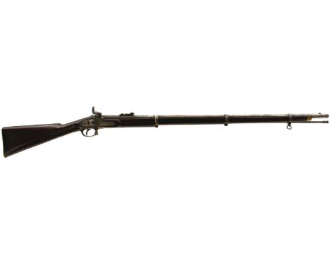 A WORN .577 CALIBRE THREE-BAND ENFIELD RIFLE, 39inch sighted barrel fitted with ramp and ladder rear sights, the lock stamped