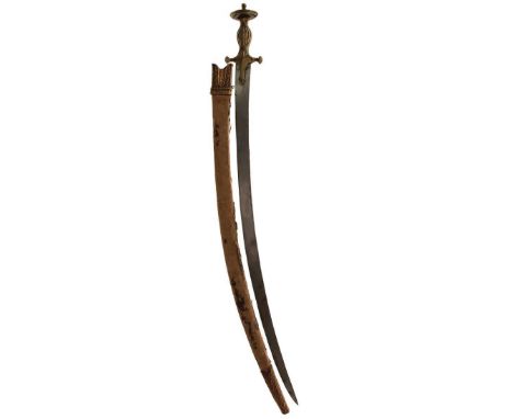 A 19TH CENTURY INDIAN TULWAR, 75cm curved blade, characteristic brass hilt chiselled and reeded, stepped dished disc pommel, 