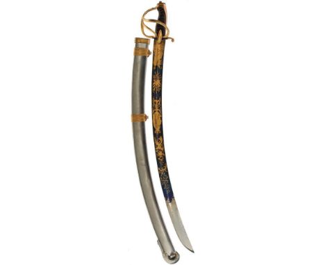 AN UNUSUAL GEORGIAN CAVALRY OFFICER'S SWORD, broad 82cm blade etched and gilt with scrolling foliage, stands of arms, the Roy