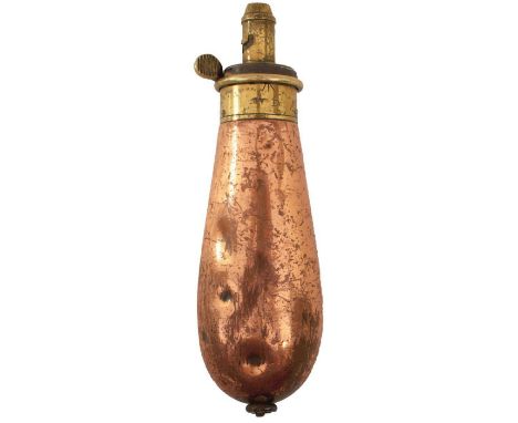 A WAR DEPARTMENT MARKED JAMES DIXON POWDER FLASK, the bag-shaped copper body with brass top and graduated nozzle, JAMES DIXON