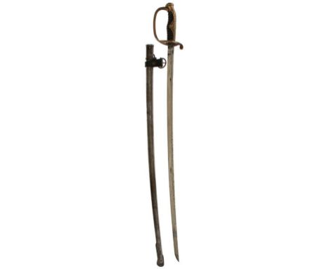 A JAPANESE POLICE OFFICER'S SWORD, slim 71cm plated blade with hi, brass foliate embossed hilt with wire bound grip, in its s