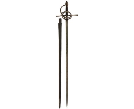 AN EARLY 17TH CENTURY ITALIAN RAPIER AND SCABBARD, 84.5cm flattened diamond section fullered blade incised to one side FRANCI