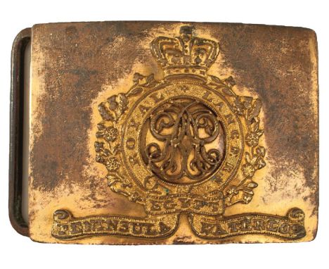 A GEORGIAN 12TH ROYAL LANCERS OFFICER'S WAIST BELT CLASP, the rectangular copper gilt plate applied with a crowned gilt garte