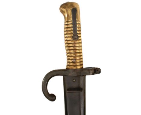 A GOOD FRENCH CHASSEPOT BAYONET, 57.5cm recurved fullered blade dated 1874 on the back edge, characteristic hilt with ribbed 