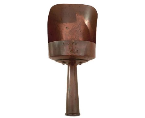 A VICTORIAN ARSENAL POWDER SCOOP, the cutaway cylindrical body stamped G &amp; B M.C 1885 and with arrow over WD, tapering co