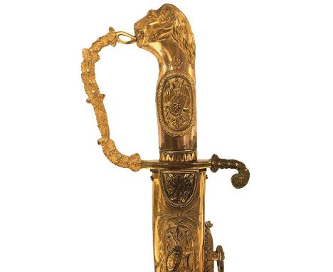 A GEORGIAN PRESENTATION SWORD, 75cm sharply curved blade decorated with scrolling foliage, flowerheads, stands of arms and pa