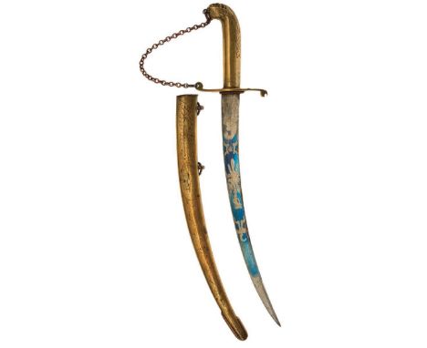 A 19TH CENTURY BRITISH NAVAL DIRK, 23cm sharply curved blade decorated with scrolling foliage and stands of arms, highlighted